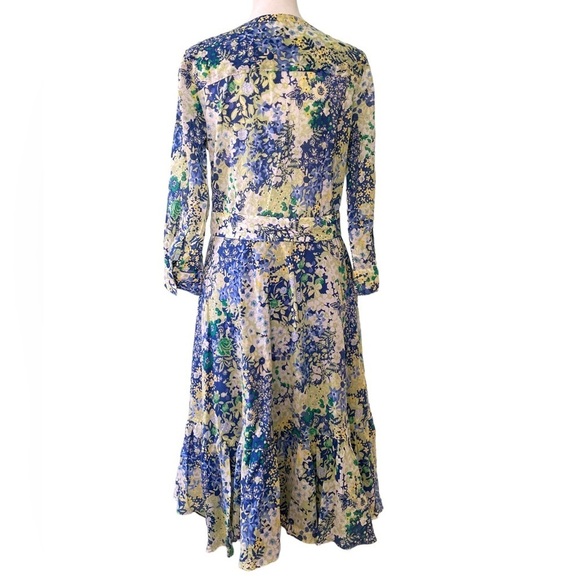 Talbots Cotton Tie Waist Button-Down Split Neck Yellow/Blue Floral Dress Size 4 - Picture 2 of 16